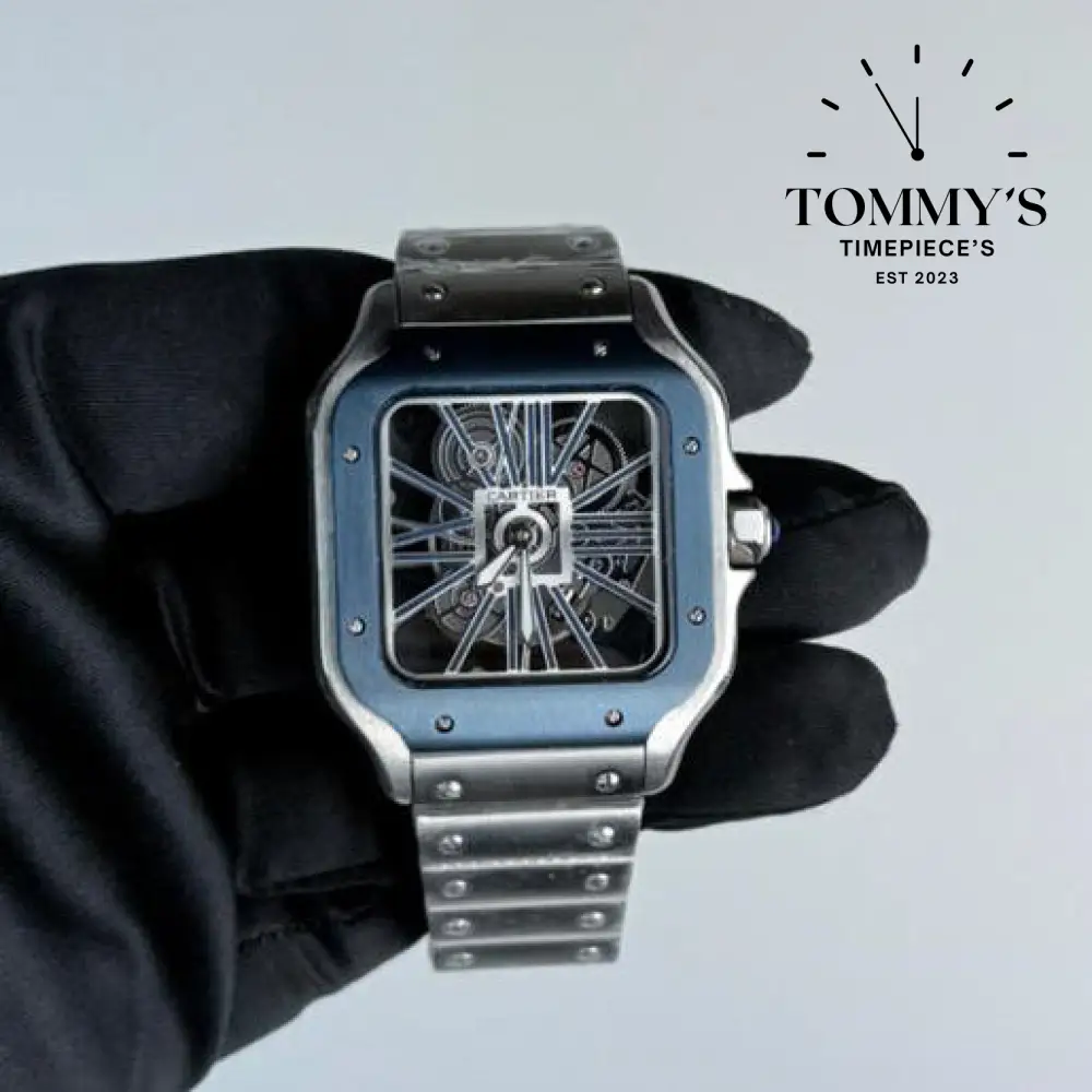 AAA+ Santos (Large Model) 39.8mm Skeleton Dial-Stainless Steel Bracelet (Dark Blue Bezel)
