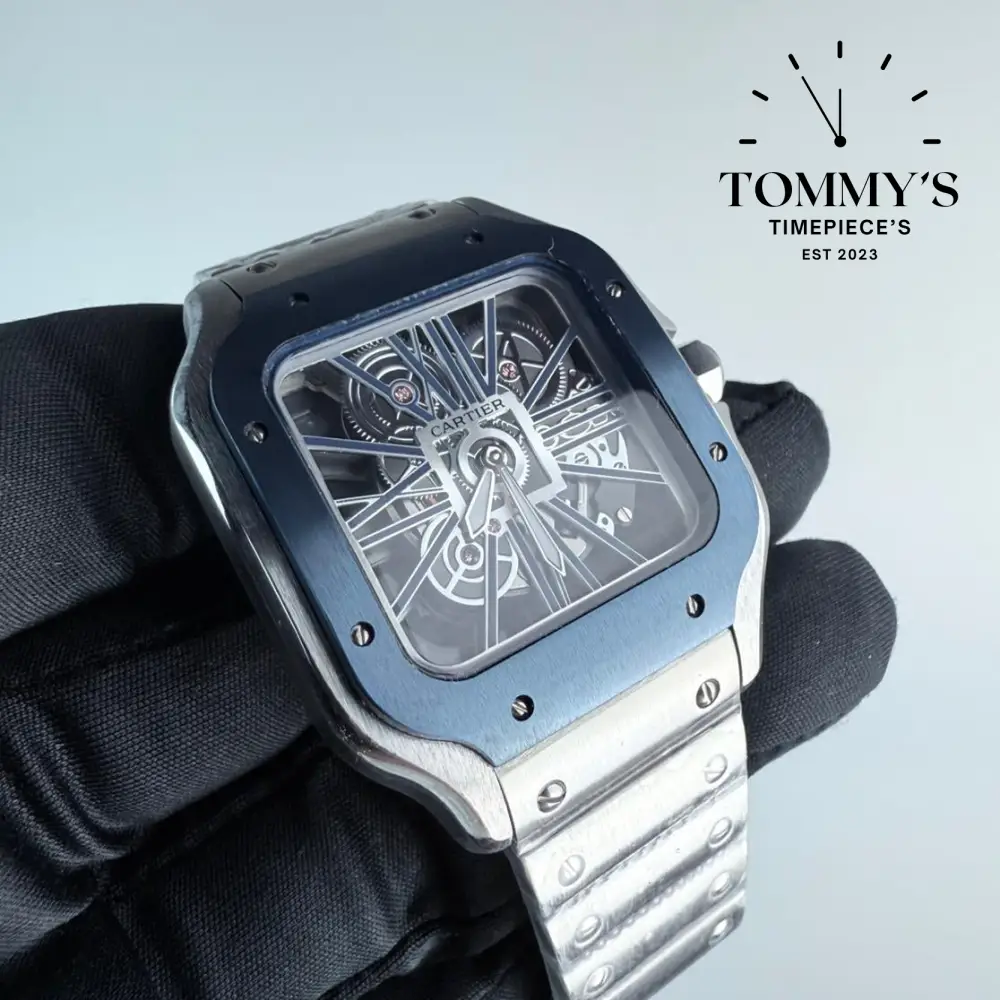 AAA+ Santos (Large Model) 39.8mm Skeleton Dial-Stainless Steel Bracelet (Dark Blue Bezel) - Image 2