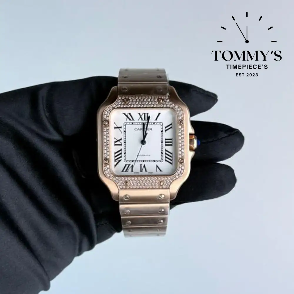 AAA+ Santos (Large Model), 39.8mm White Dial- Rose Gold (Diamond-Set Bezel)