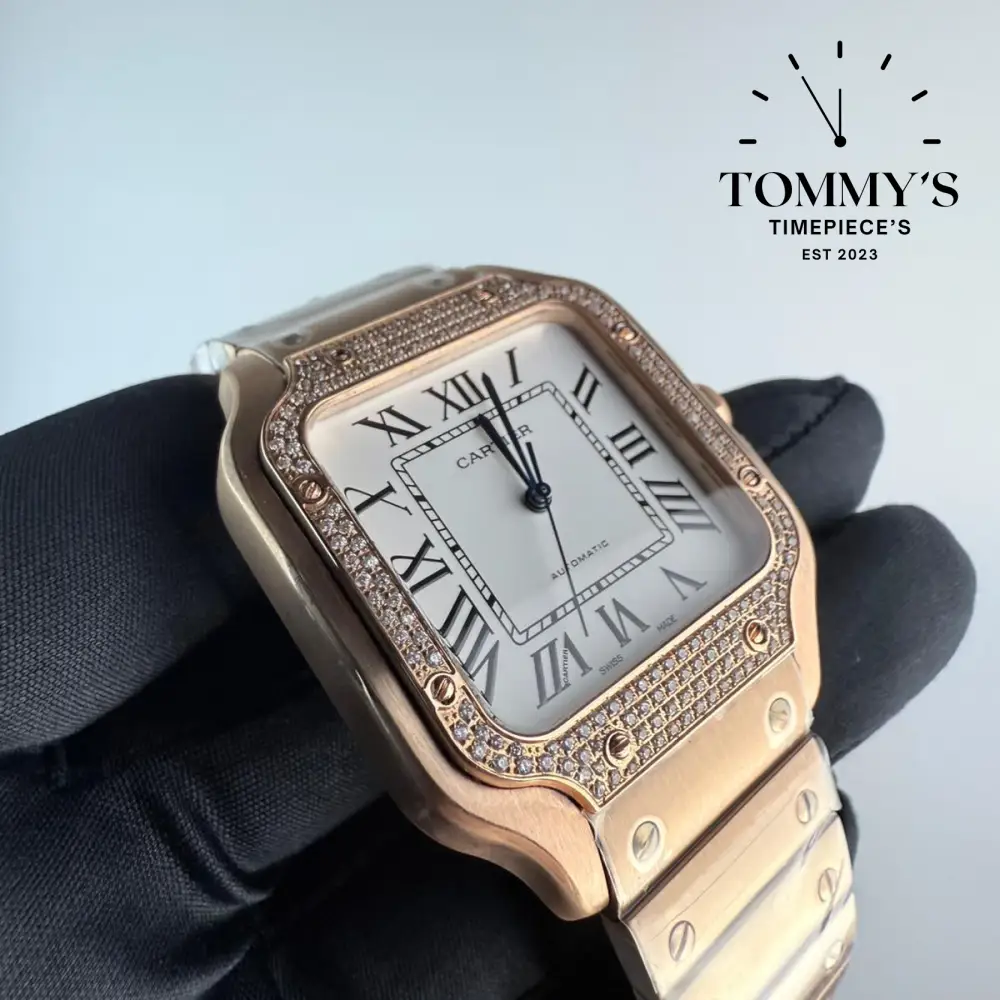 AAA+ Santos (Large Model), 39.8mm White Dial- Rose Gold (Diamond-Set Bezel) - Image 2