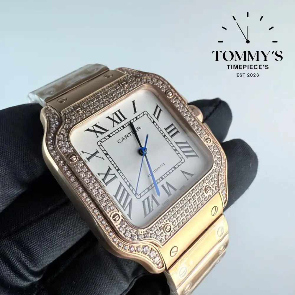 AAA+ Santos (Large Model), 39.8mm White Dial- Rose Gold (Diamond-Set Bezel) - Image 2