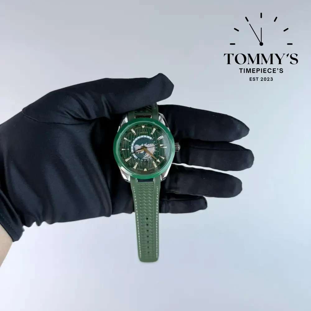 AAA+ Seamaster Aqua Terra 150M Co-Axial Master Chronometer GMT Worldtimer, 43mm Green Dial-Green Rubber Strap (Green Bezel)