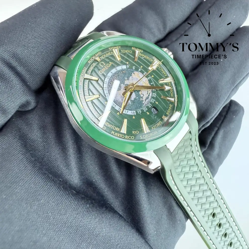 AAA+ Seamaster Aqua Terra 150M Co-Axial Master Chronometer GMT Worldtimer, 43mm Green Dial-Green Rubber Strap (Green Bezel) - Image 2