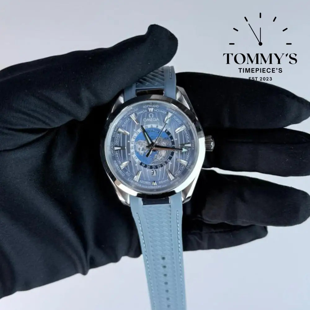 AAA+ Seamaster Aqua Terra 150M Co-Axial Master Chronometer GMT Worldtimer, 43mm Summer Blue Dial- Blue Rubber Strap