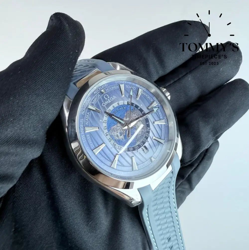 AAA+ Seamaster Aqua Terra 150M Co-Axial Master Chronometer GMT Worldtimer, 43mm Summer Blue Dial- Blue Rubber Strap - Image 2