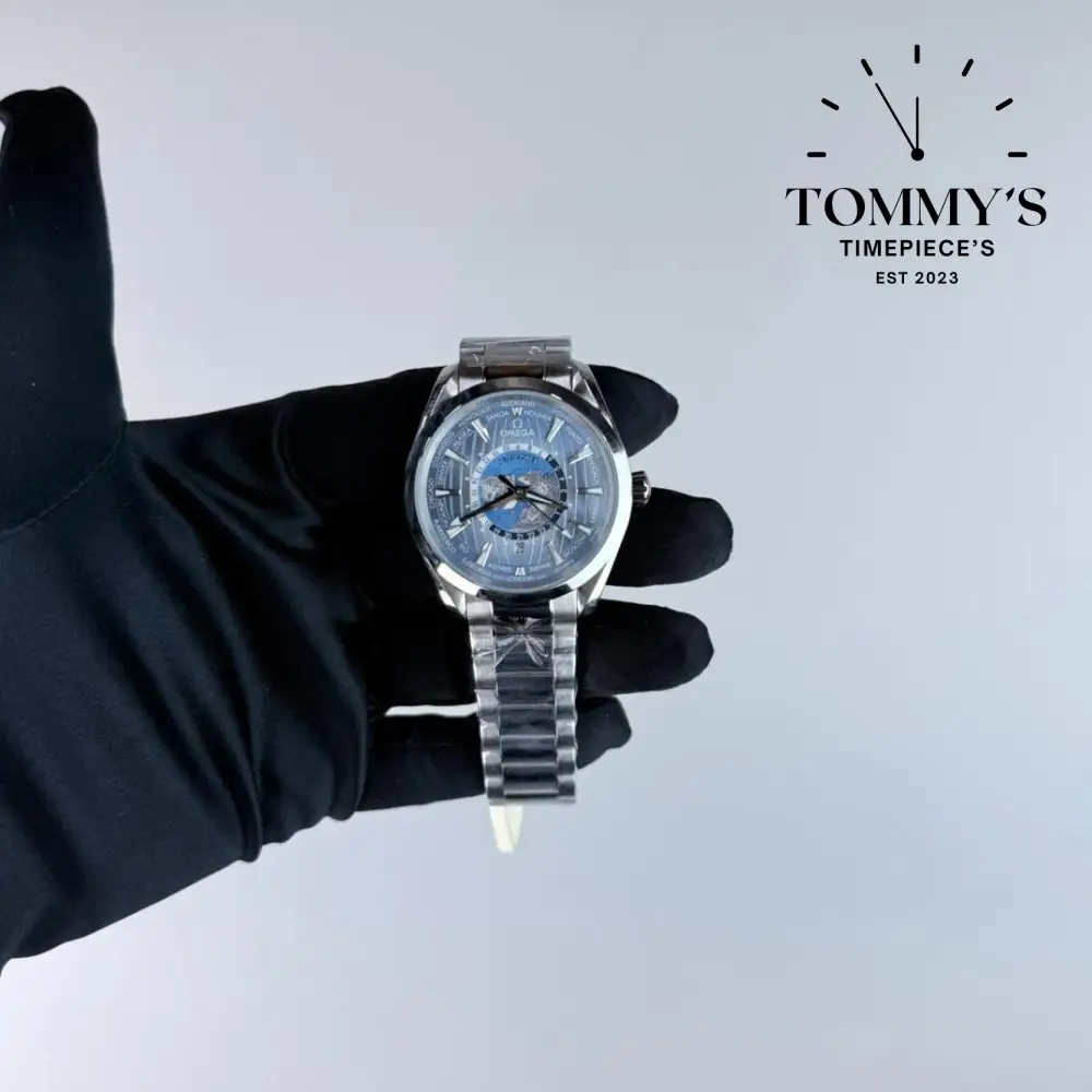 AAA+ Seamaster Aqua Terra 150M Co-Axial Master Chronometer GMT Worldtimer, 43mm Summer Blue Dial-Stainless Steel bracelet (Silver Bezel)