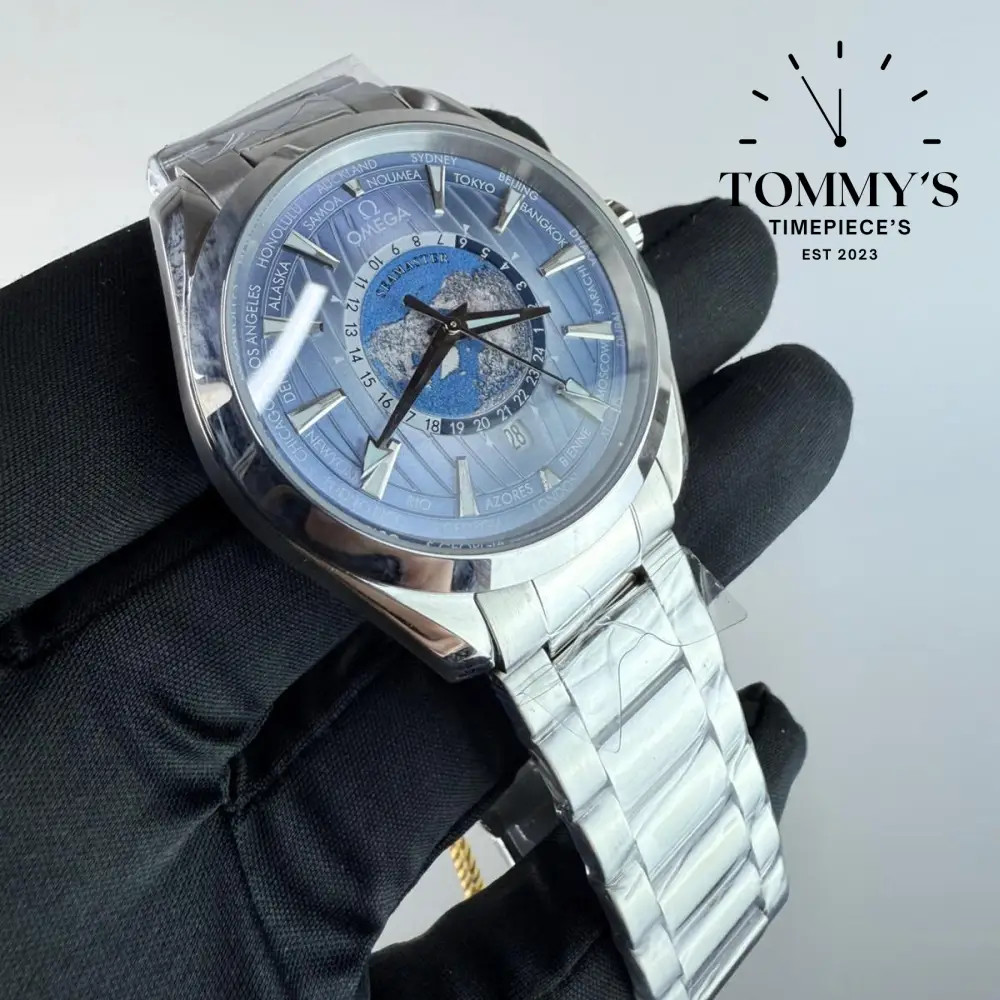 AAA+ Seamaster Aqua Terra 150M Co-Axial Master Chronometer GMT Worldtimer, 43mm Summer Blue Dial-Stainless Steel bracelet (Silver Bezel) - Image 2