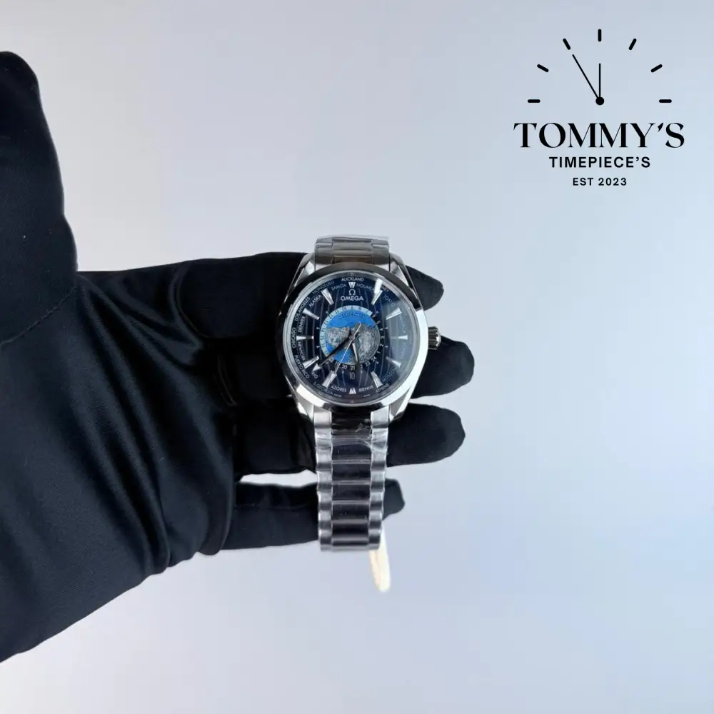 AAA+ Seamaster Aqua Terra 150M Co-Axial Master Chronometer GMT Worldtimer, 43mm Sun-Brushed Blue Dial-Stainless Steel Bracelet (Silver Bezel)