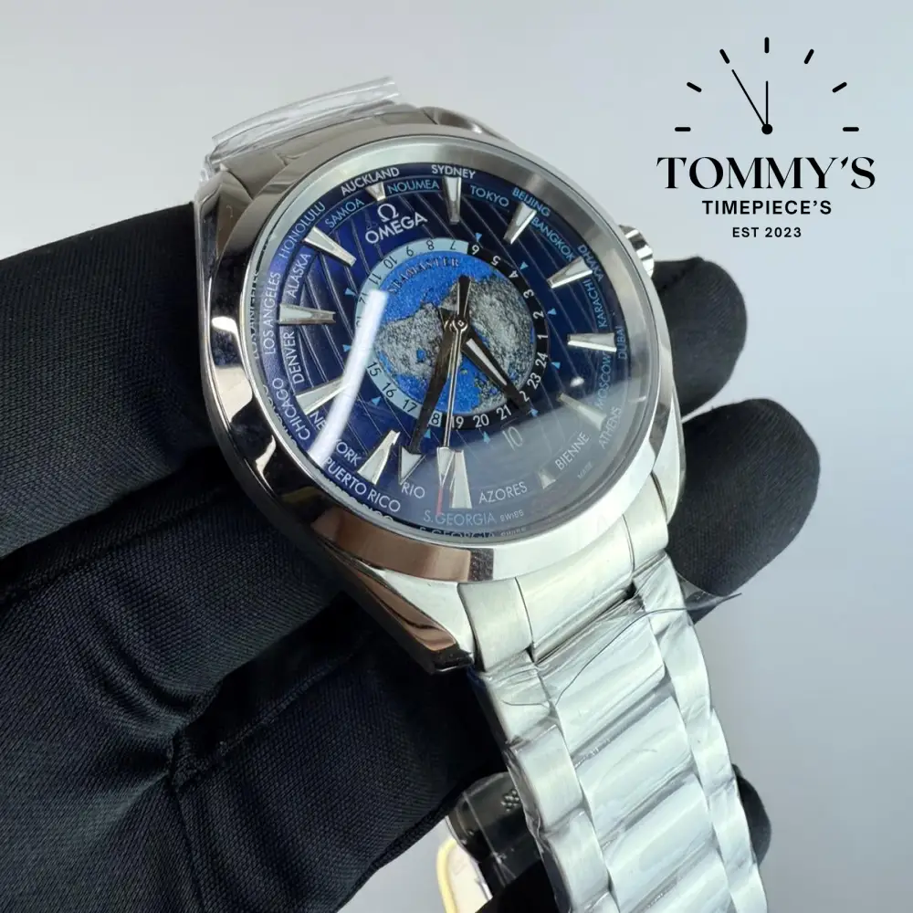 AAA+ Seamaster Aqua Terra 150M Co-Axial Master Chronometer GMT Worldtimer, 43mm Sun-Brushed Blue Dial-Stainless Steel Bracelet (Silver Bezel) - Image 2