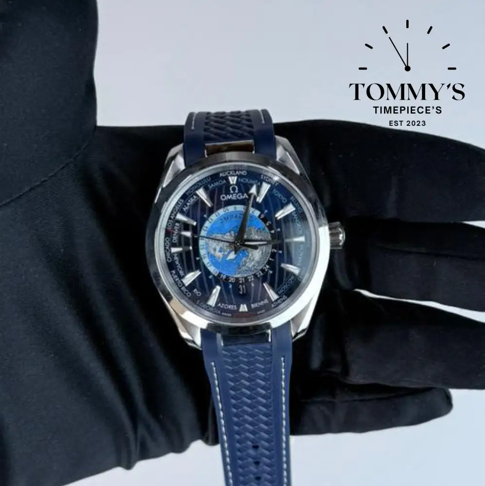 AAA+ Seamaster Aqua Terra 150M Worldtimer Co-Axial Master Chronometer 43mm Blue Dial- Blue Rubber Strap (Silver Bezel)