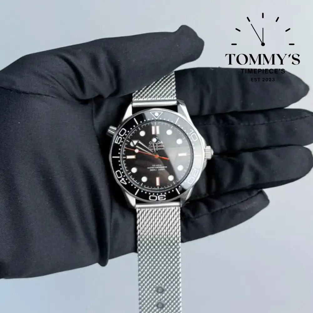 AAA+ Seamaster Diver 300M Co-Axial Master Chronometer, 42mm Black Dial-Mesh Bracelet (Black Bezel)