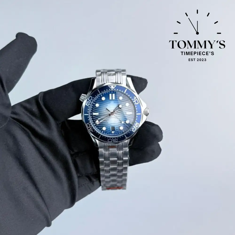 AAA+ Seamaster Diver 300M Co-Axial Master Chronometer, 42mm Blue Wave Pattern Dial-Steel Bracelet (Blue Ceramic Bezel)