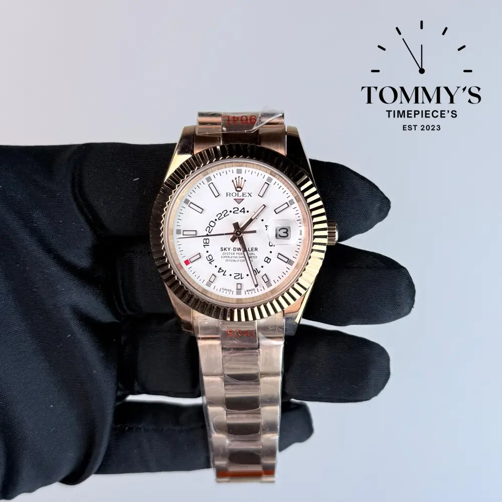 AAA+ Skydweller (Full Rose Gold), (326935) 42mm White Dial-Oyster Bracelet (Fluted Bezel)