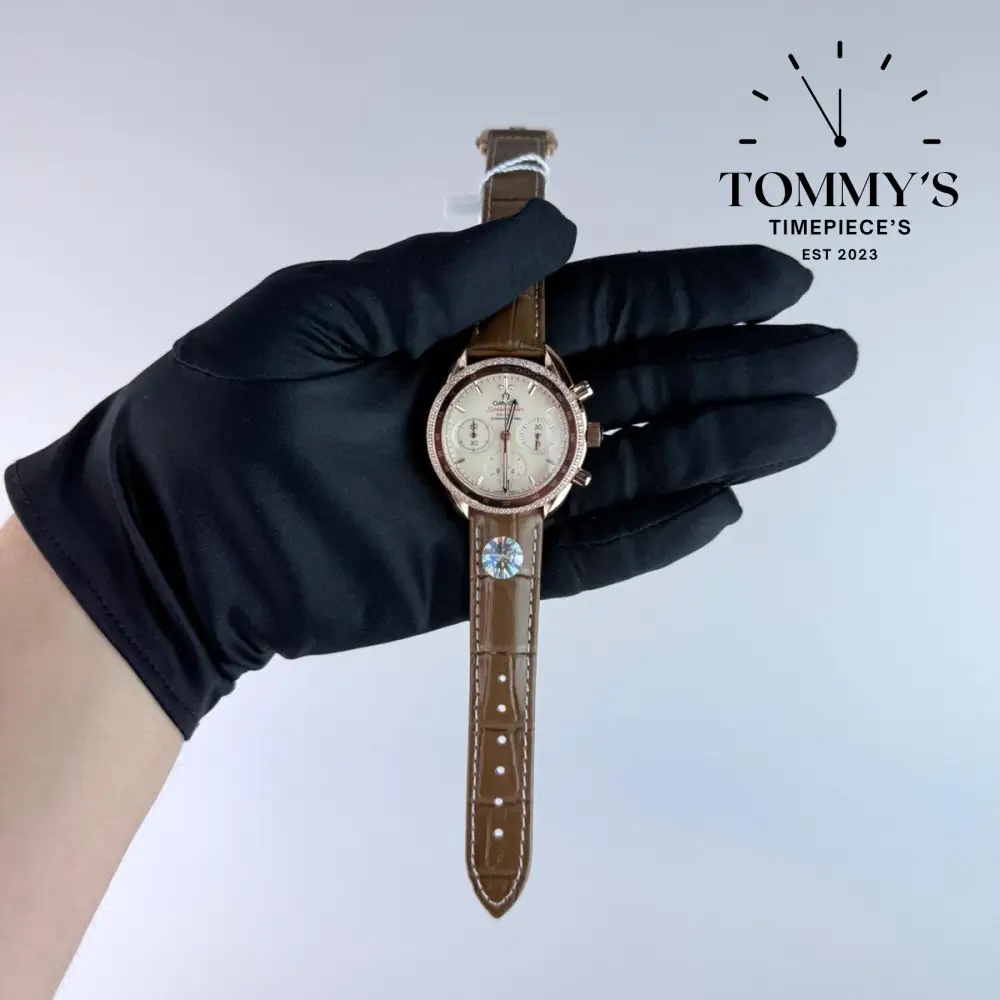 AAA+ Ladies Speedmaster Co-Axial Chronograph, 38mm Silver-Colored Dial-Brown Leather Strap (Brown Bezel)