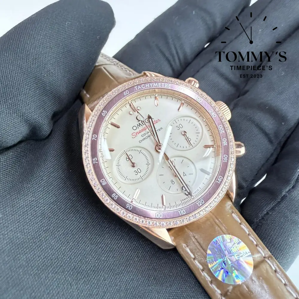 AAA+ Ladies Speedmaster Co-Axial Chronograph, 38mm Silver-Colored Dial-Brown Leather Strap (Brown Bezel) - Image 2