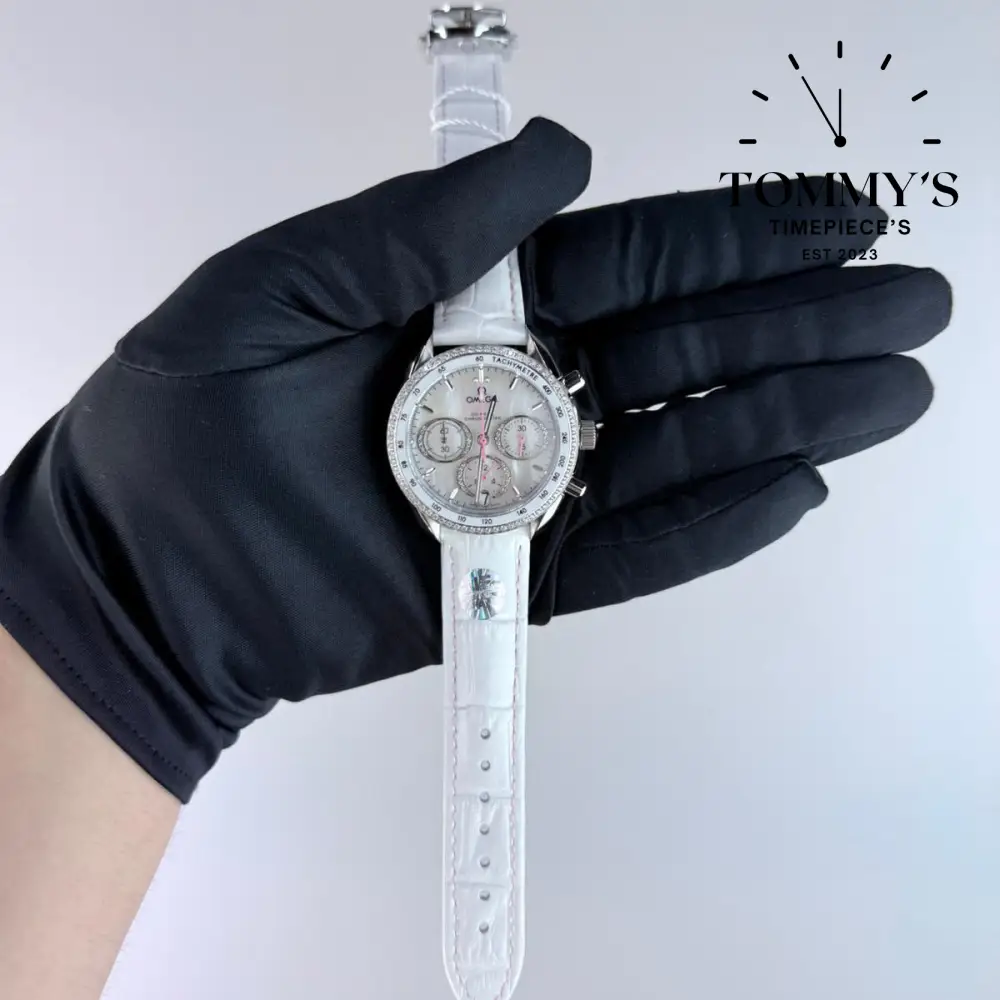 AAA+ Ladies Speedmaster Co-Axial Chronometer Chronograph, 38mm Mother-Of-Pearl Dial-White Leather Strap (Diamond-set Bezel)