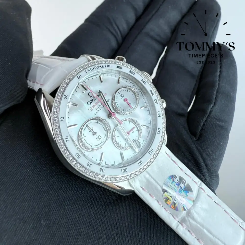 AAA+ Ladies Speedmaster Co-Axial Chronometer Chronograph, 38mm Mother-Of-Pearl Dial-White Leather Strap (Diamond-set Bezel) - Image 2