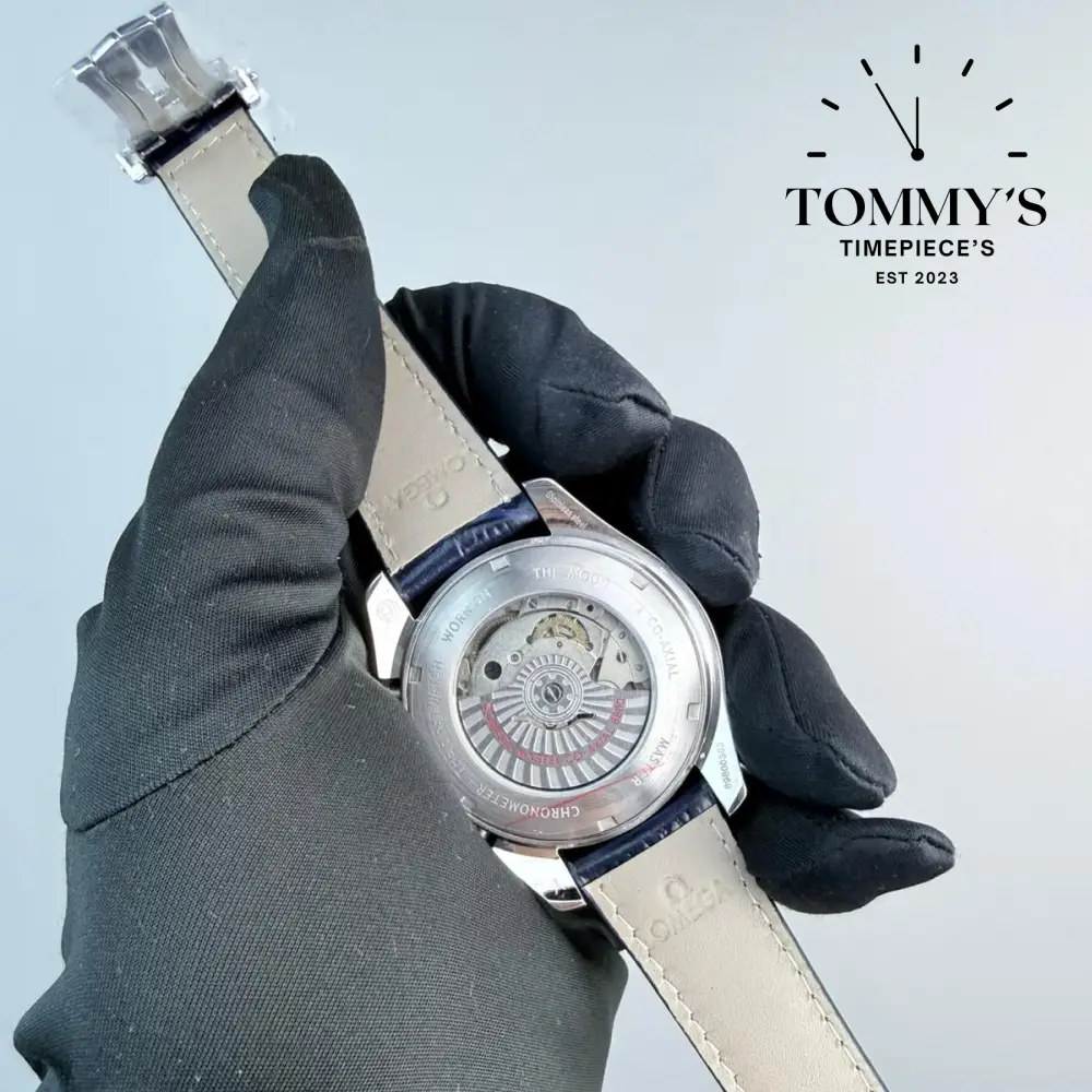 AAA+ Speedmaster Moonphase Co-Axial Master Chronometer Chronograph, 44mm Blue Dial-Leather Strap (Blue Bezel) - Image 3