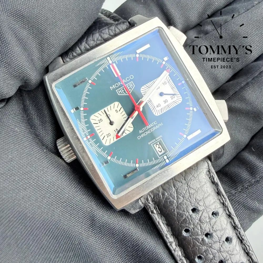 Clone Monaco Calibre 11 Chronograph (CAW211P.FC6356), 39mm Opaline Blue Dial-Leather Strap (Silver Bezel) - Image 2