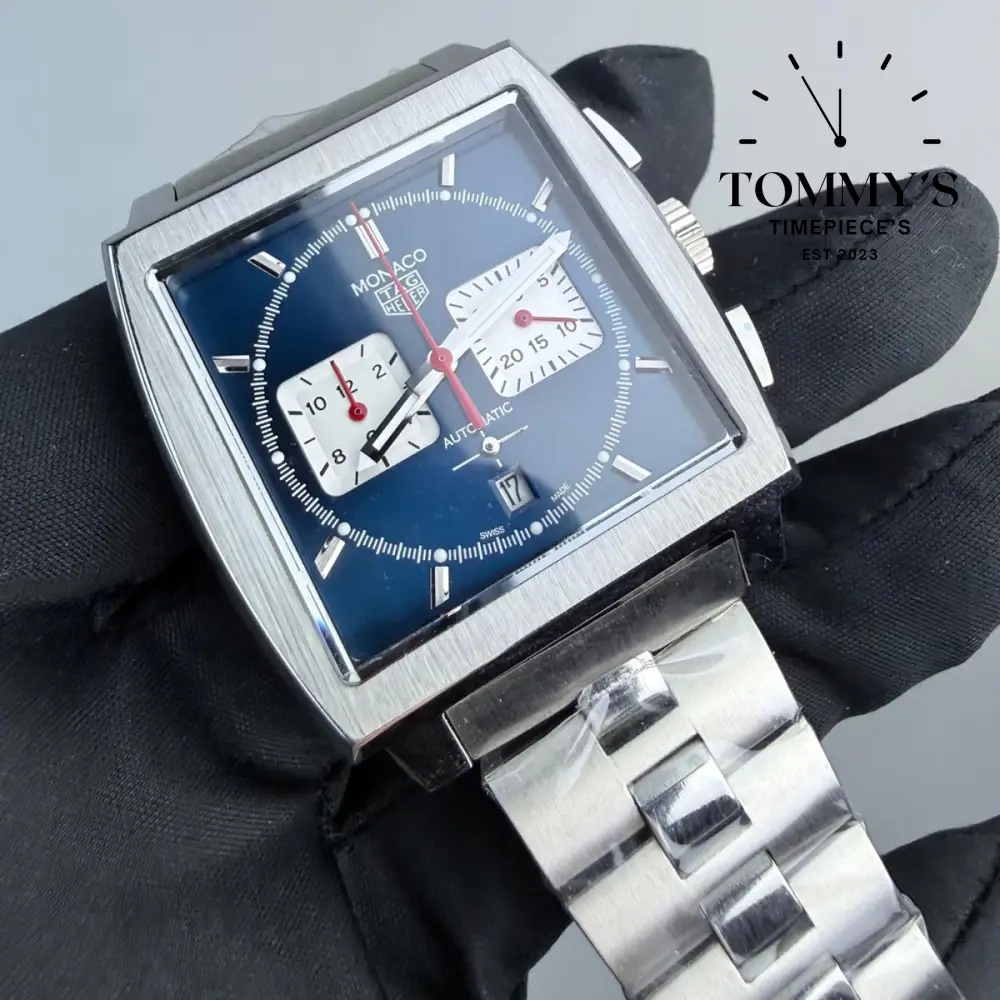 Clone Monaco Chronograph, 39mm Blue Sunburst Dial-Stainless Steel Bracelet (Silver Bezel) - Image 2