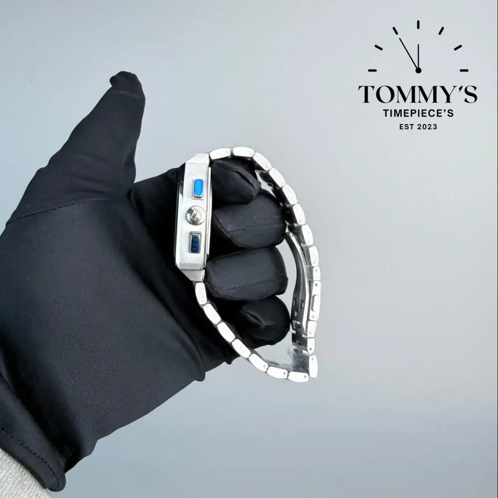Clone Monaco Chronograph, 39mm Blue Sunburst Dial-Stainless Steel Bracelet (Silver Bezel) - Image 3