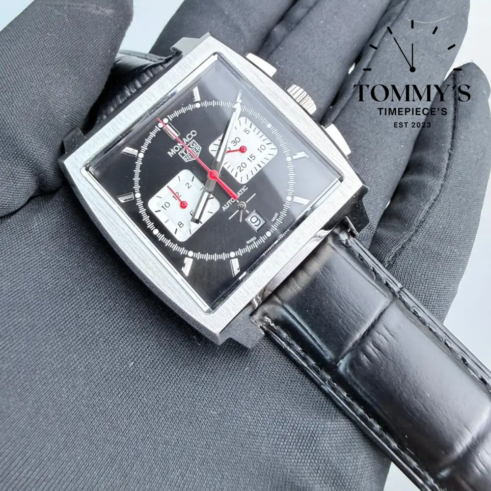 Clone Monaco Chronograph (Model CBL2113), 39mm Black White Dial-Leather Strap (Silver Bezel) - Image 2