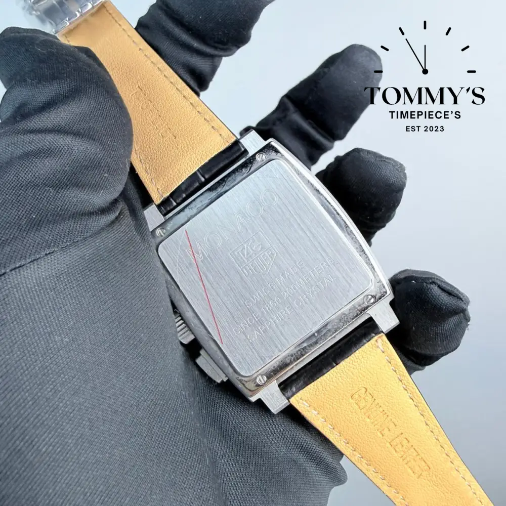 Clone Monaco Chronograph (Model CBL2113), 39mm Black White Dial-Leather Strap (Silver Bezel) - Image 4