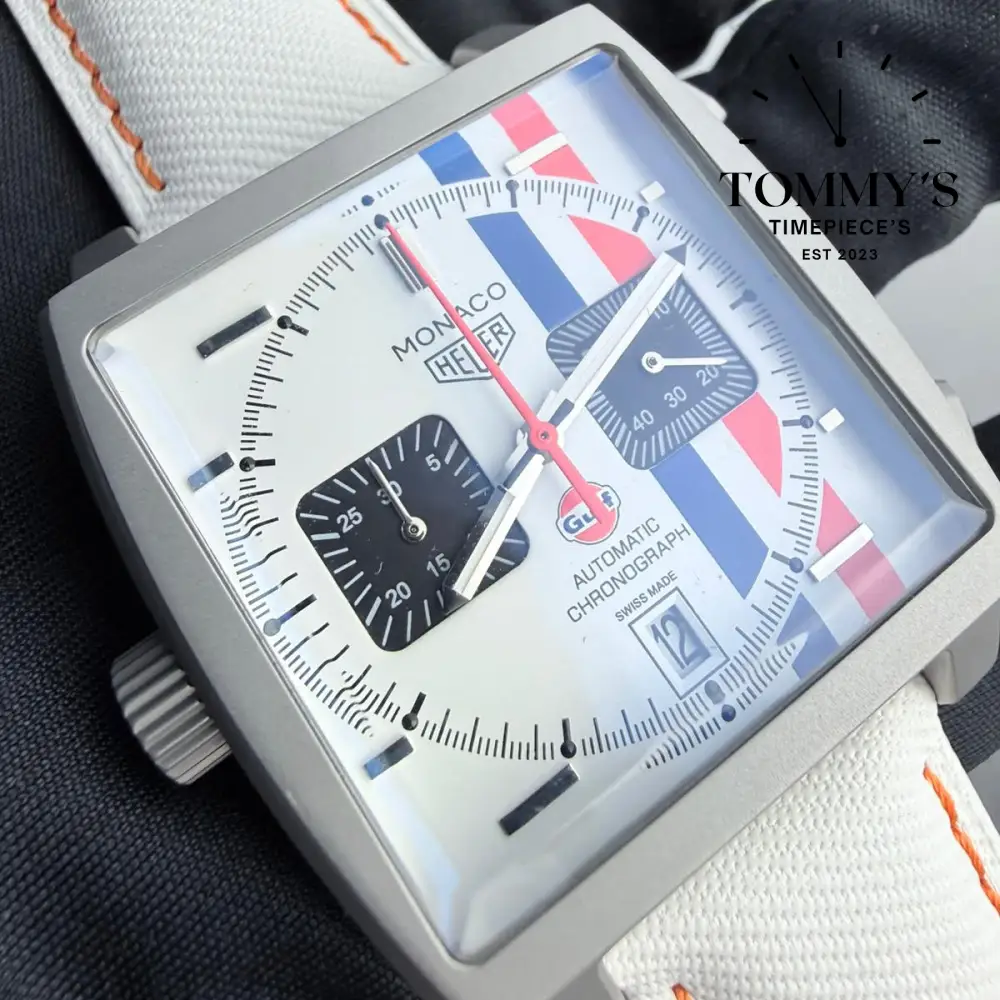 Clone Monaco Chronograph x Gulf Special Edition (CAW218G.EB0393), 39mm White Dial-Leather Strap (Silver Bezel) - Image 2