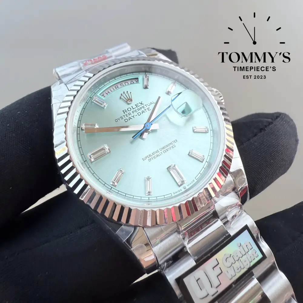 QF Superclone Day Date 40 [Tungsten Exact Weight], (228236) 40mm Ice Blue Dial-President Bracelet (Fluted Bezel) - Image 2