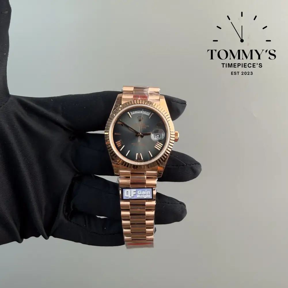 Superclone Day Date, (228235) 40mm Slate Ombré with Oscars Dial-President Bracelet (Everose Gold Fluted Bezel) (Tungsten Exact Weight)