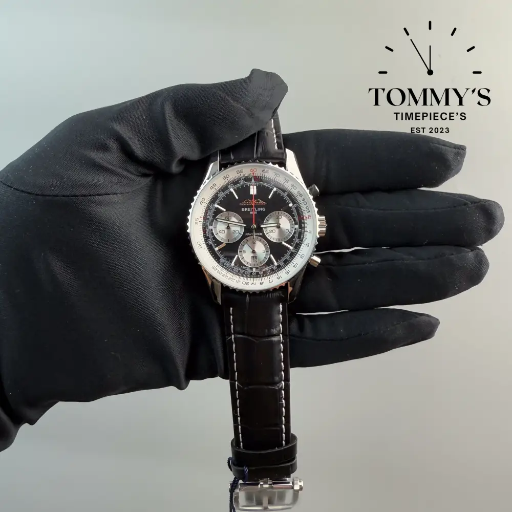 Superclone Navitimer B01 Chronograph 43, (AB0138211B1P1) 43mm Black Dial-Black Leather Strap (Slide Rule Bezel)