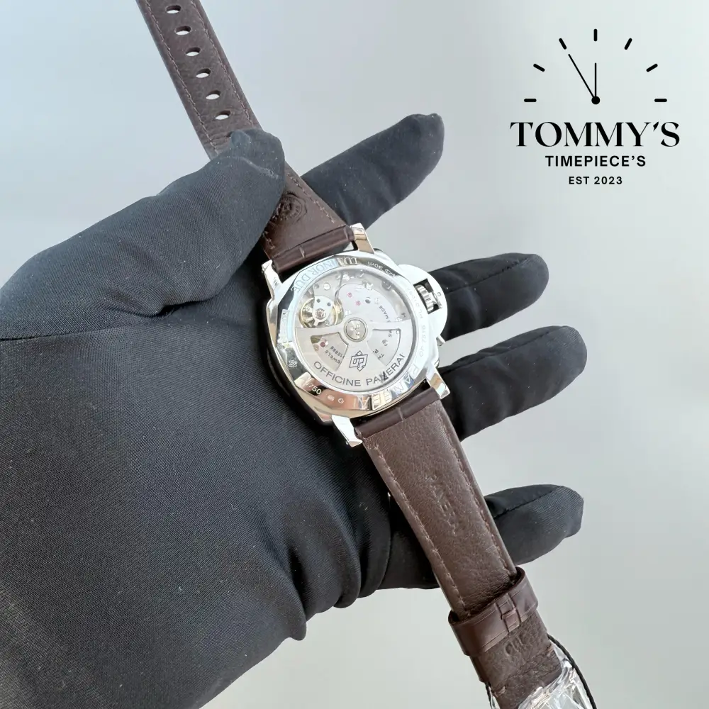 Superclone Luminor Marina Titanio, (PAM01351) 44mm Brown Sandwich Dial-Brown Leather Strap (Brushed Titanium Case) - Image 4