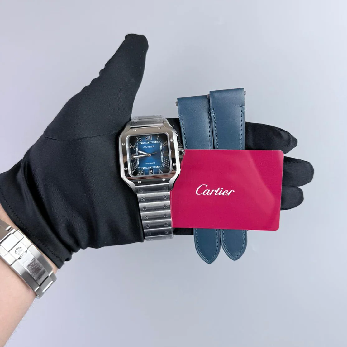 BVF Superclone Santos Large (WSSA0030), 39.8mm Gradient Blue Dial-Stainless Steel Bracelet (Silver Bezel) [Free Leather Strap]