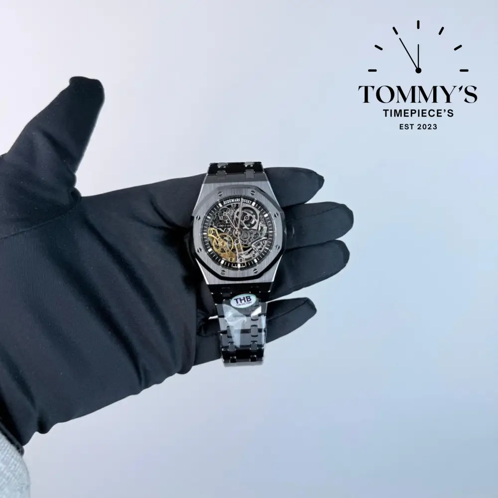 THB Superclone Royal Oak Double Balance Wheel Openworked, 41mm Skeletonized Dial-Stainless Steel Bracelet (Black Ceramic Bezel)