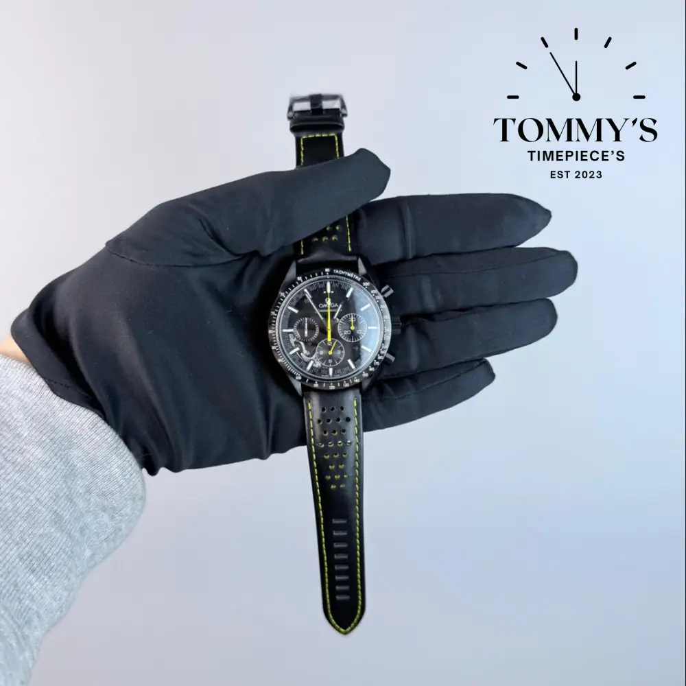 TWF Superclone Speedmaster Moonwatch "Dark Side of the Moon" Apollo 8, 44.25mm Black Dial-Black Leather "racing" Strap (Black Ceramic Bezel)